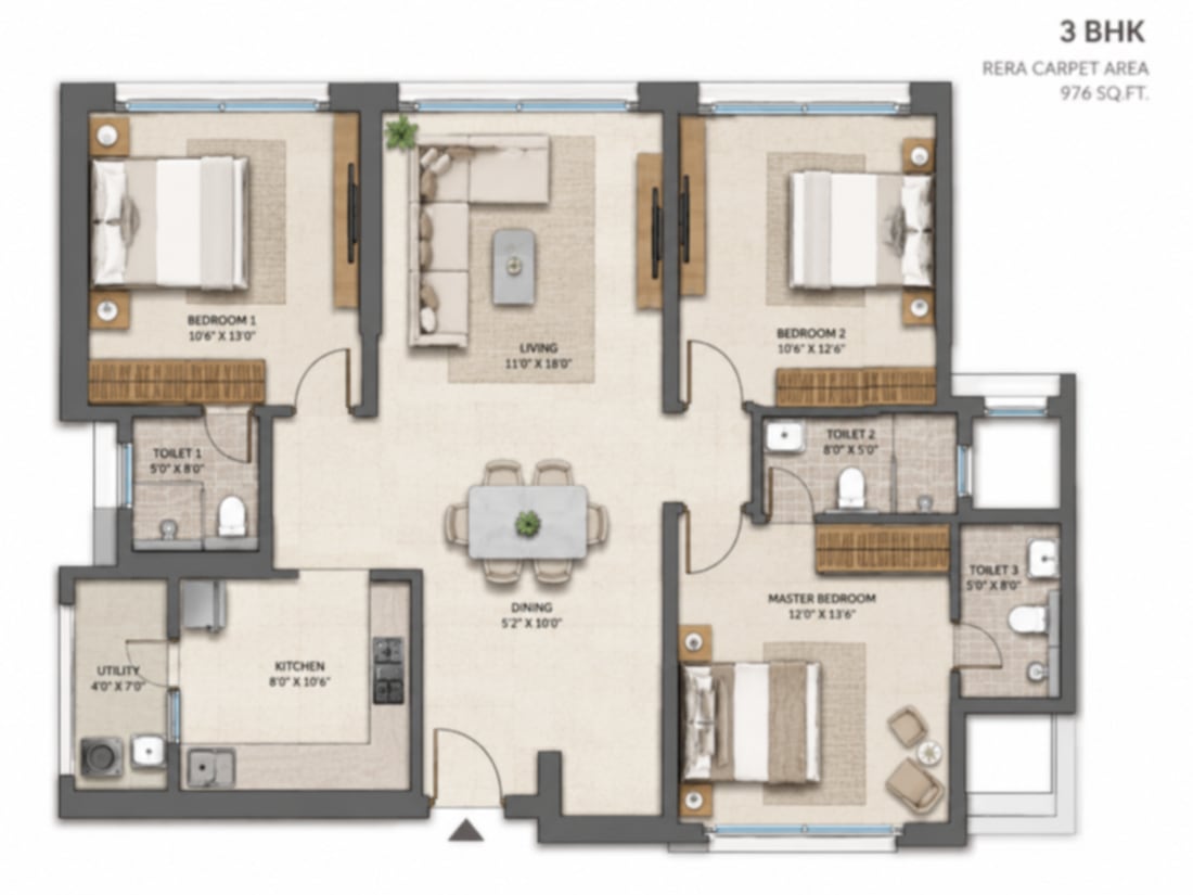 Rustomjee Ozone Skye 3 BHK floor plan